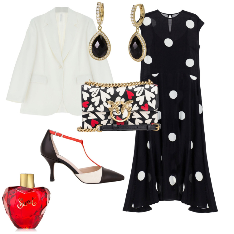 Outfit donna - Chic serata evento. Stile Chic per Serata fuori. Abbinamento con profumi, orecchini, borse a tracolla, blazer, vestiti lunghi, sandali col tacco.
