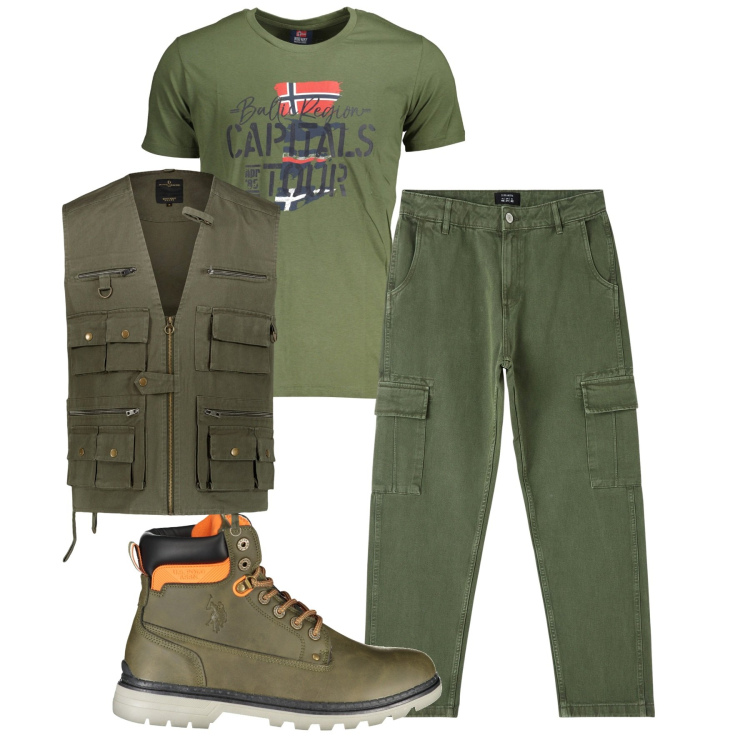 Outfit uomo - Total look. Stile Urban per Tutti i giorni. Abbinamento con gilet, pantaloni cargo, t-shirt, stivali.
