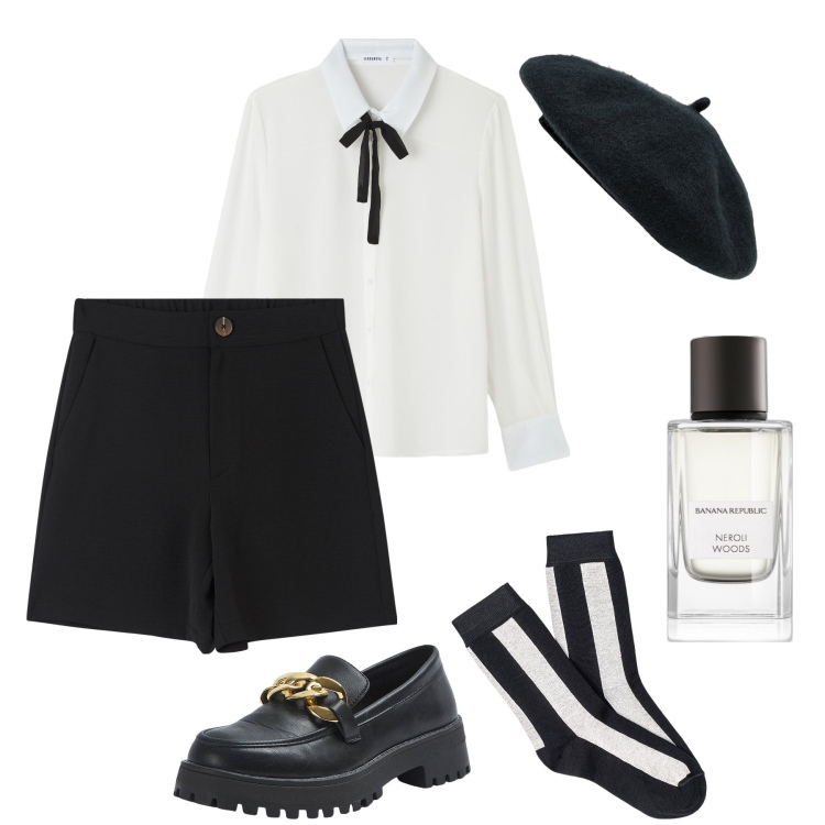 Outfit donna - Serata primaverile preppy. Stile Preppy per Serata fuori. Abbinamento con profumi, mocassini, bermuda, camicie, collant, cappelli e berretti.