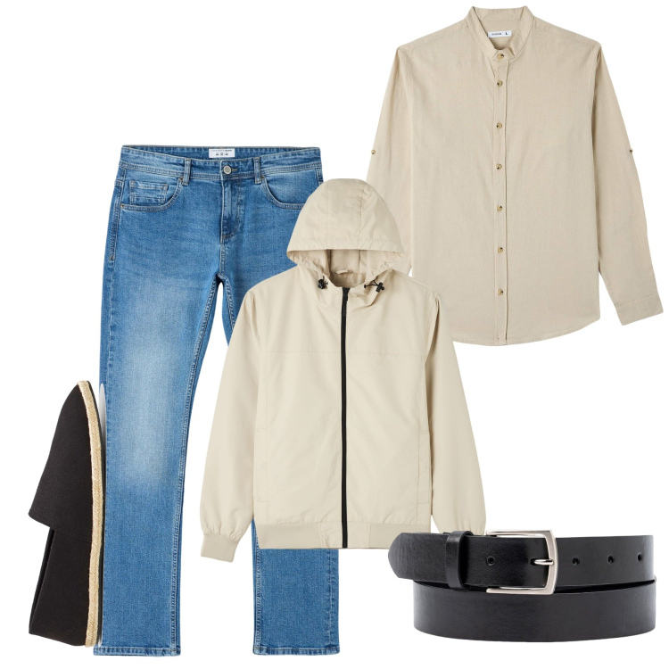 Outfit uomo - City. Stile Casual per Tutti i giorni. Abbinamento con espadrillas, camicie, giacche, jeans dritti, cinture.