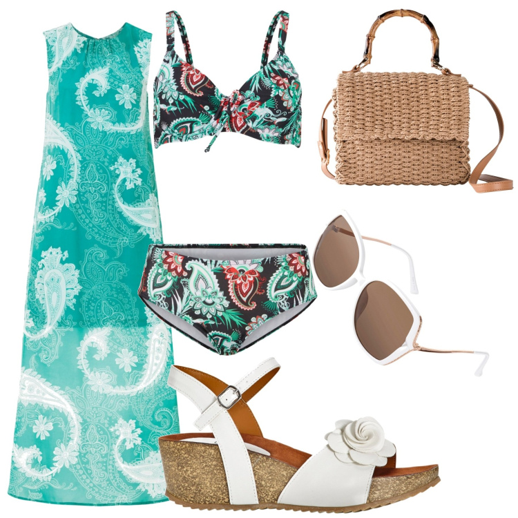 Outfit donna - Andiamo a mare?. Stile Etnico per Mare. Abbinamento con sandali, bikini, vestiti lunghi, borse a mano, occhiali da sole.
