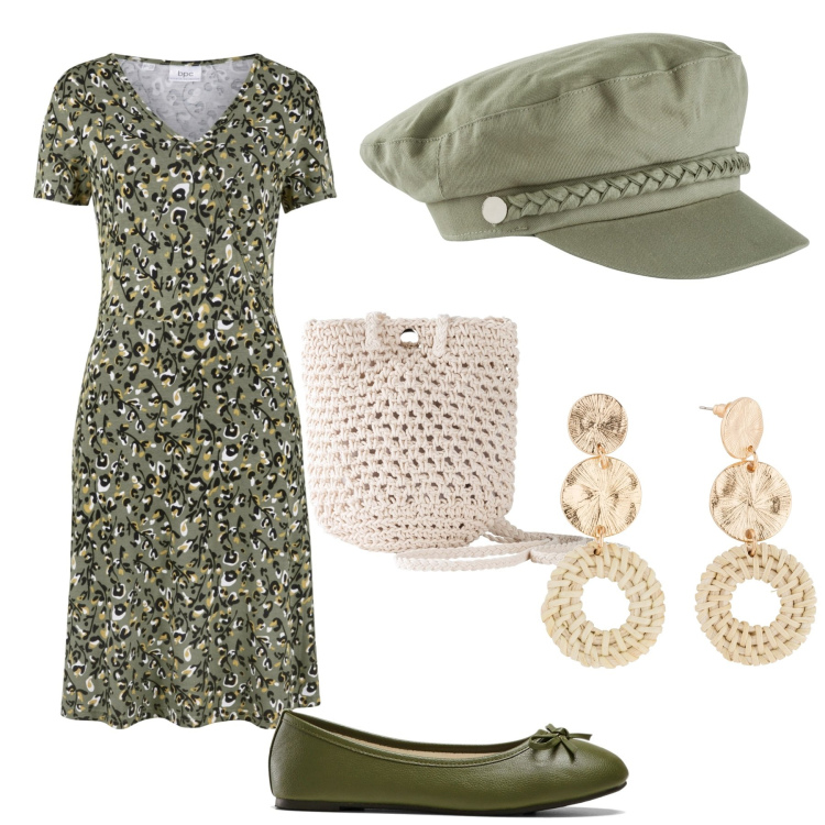 Outfit donna - Gita in campagna. Stile Casual per Tutti i giorni. Abbinamento con cappelli, orecchini, vestiti, borse a tracolla, ballerine.