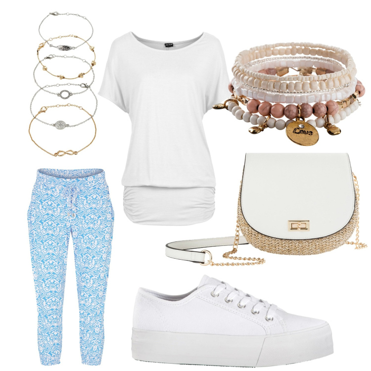 Outfit donna - Passeggiata al parco. Stile Casual per Tutti i giorni. Abbinamento con maglieria, sneakers, braccialetti, braccialetti con ciondoli, pantaloni, borse a tracolla.