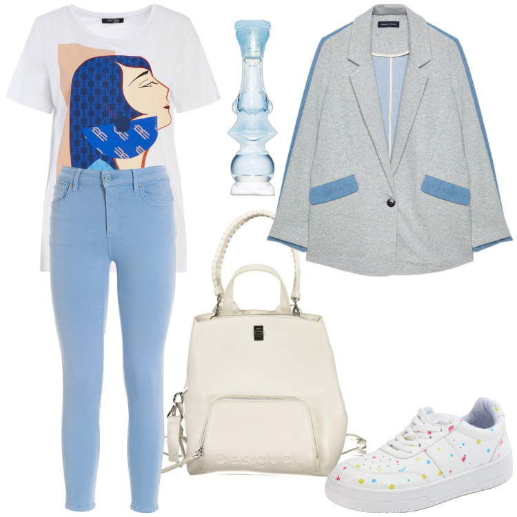 Outfit donna - Total look #1864102. Stile Casual per Tutti i giorni. Abbinamento con profumi, sneakers, t-shirt, jeans skinny, zaini, blazer.