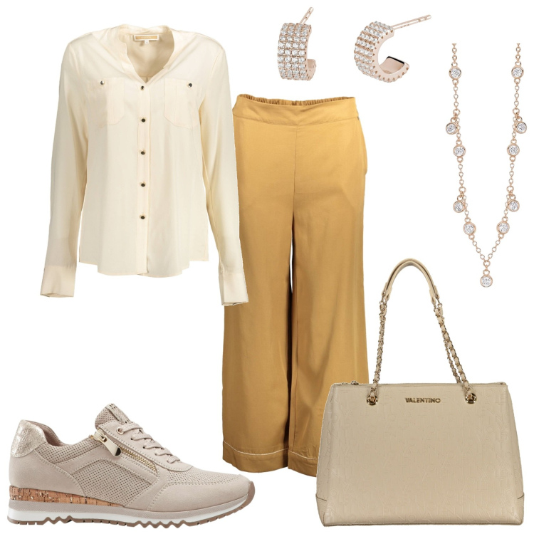 Outfit donna - Pantalone e camicia glamour. Stile Glamour per Tutti i giorni. Abbinamento con sneakers, collane, orecchini, pantaloni, camicie, borse a spalla.