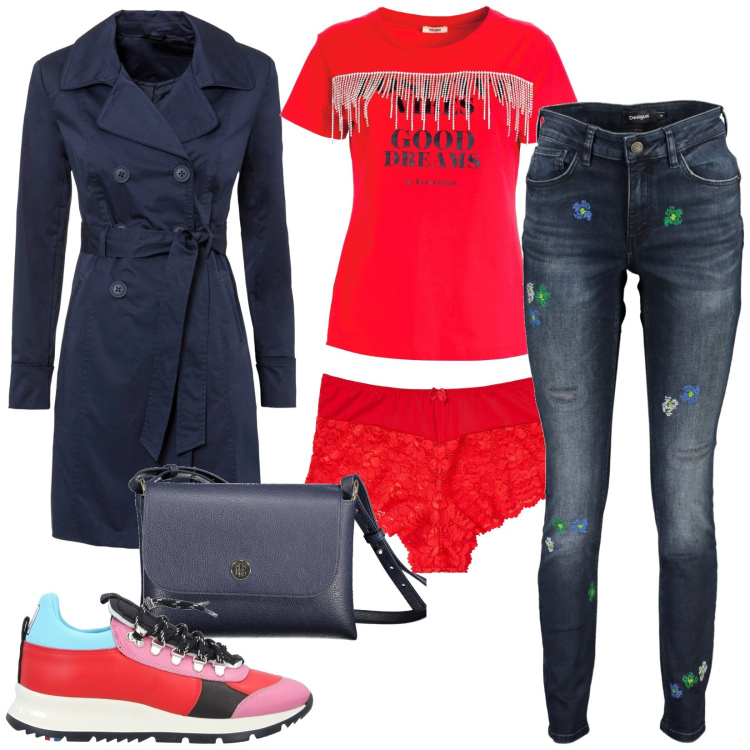 Outfit donna - Pioggerella al mattino. Stile Casual per Ufficio. Abbinamento con trench, culotte, sneakers, t-shirt, jeans slim fit, borse a spalla.