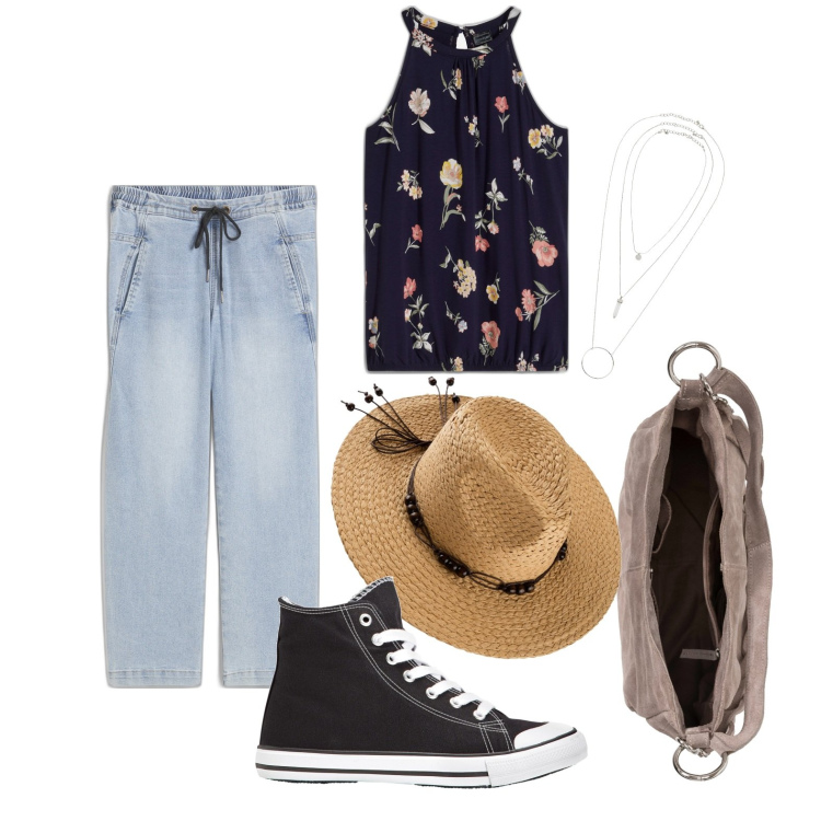 Outfit donna - Ghost outfitter - aprile. Stile Casual per Tutti i giorni. Abbinamento con top, sneakers alte, borse a mano, ciondoli, jeans boyfriend, cappelli.
