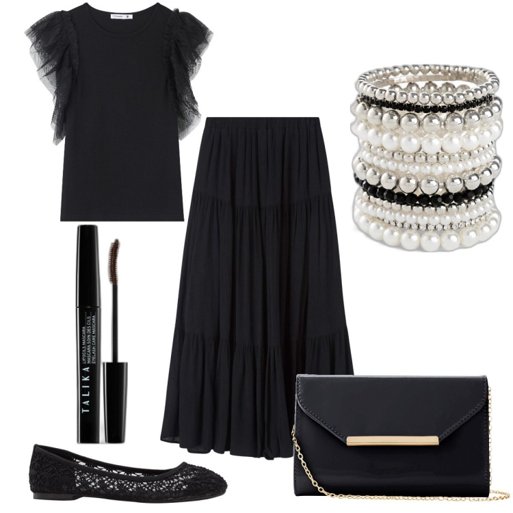 Outfit donna - Total look #1864136. Stile Romantica per Serata fuori. Abbinamento con braccialetti, ballerine, pochette, mascara, t-shirt, gonne lunghe.
