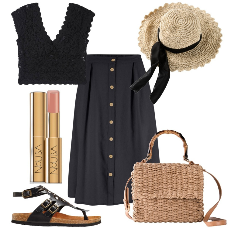 Outfit donna - Total look #1864141. Stile Romantica per Tutti i giorni. Abbinamento con gonne longuette, cappelli, sandali in pelle, borse a mano, rossetti, t-shirt.