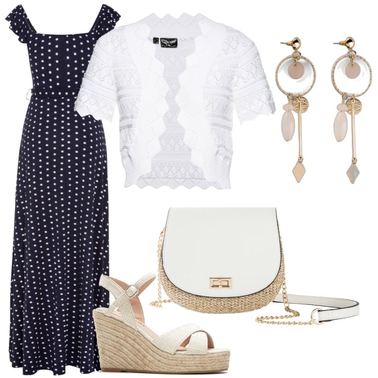 Outfit donna - Sere d\'estate. Stile Romantica per Mare. Abbinamento con vestiti lunghi, borse a tracolla, orecchini, blazer, sandali.