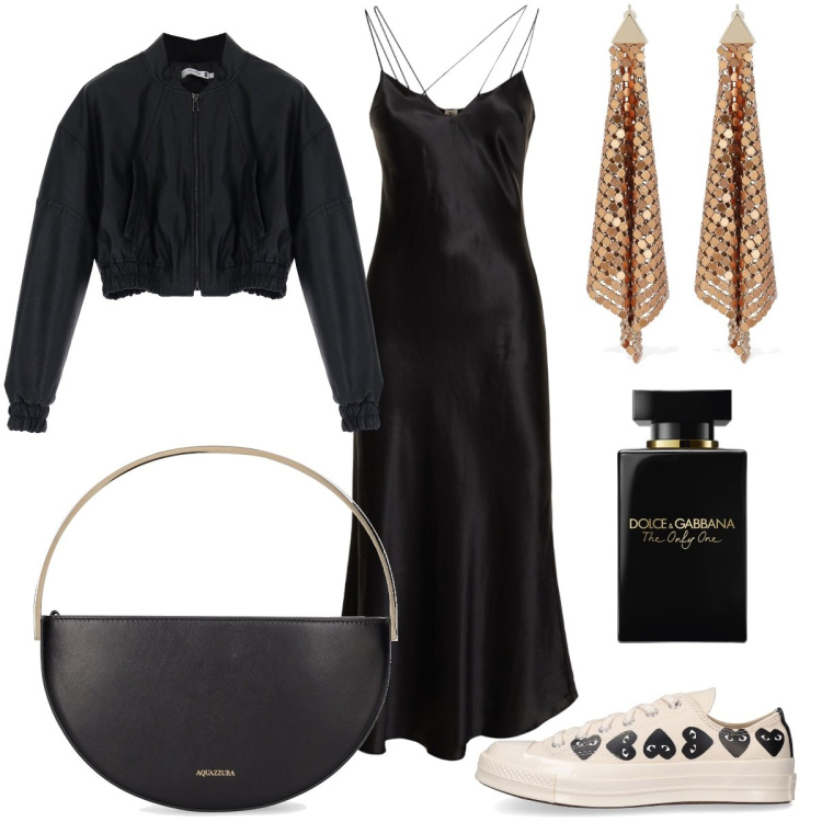 Outfit donna - Total look #1864153. Stile Sporty chic per Serata fuori. Abbinamento con profumi, blazer, sneakers, vestiti, borse a mano, orecchini.