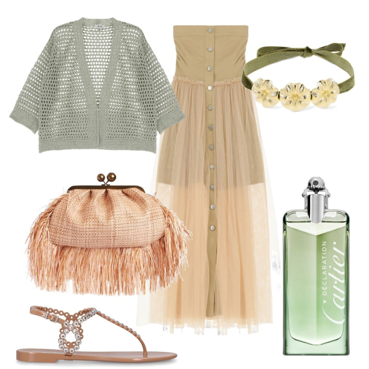 Outfit donna - Total look #1864170. Stile Boho per Serata fuori. Abbinamento con profumi, vestiti lunghi, cardigans, pochette, collane, sandali.
