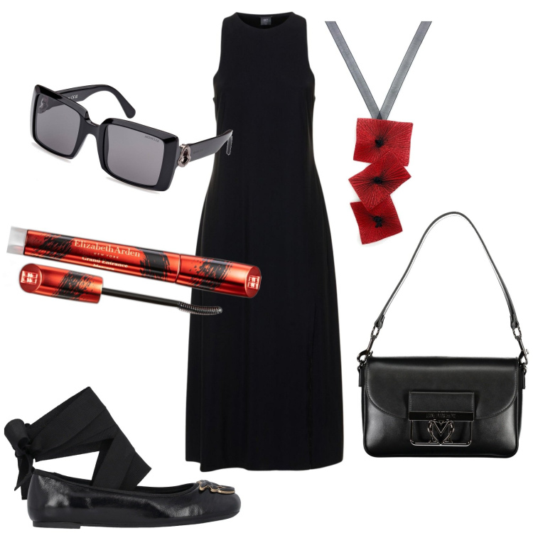 Outfit donna - Total look #1864175. Stile Trendy per Tutti i giorni. Abbinamento con ciondoli, mascara, ballerine, vestiti midi/longuette, borse a tracolla, occhiali da sole.
