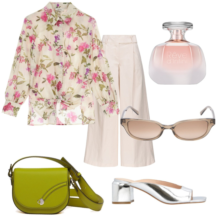 Outfit donna - Mattina di primavera. Stile Chic per Tutti i giorni. Abbinamento con profumi, pantaloni, sandali in pelle, camicie, borse a tracolla, occhiali da sole.
