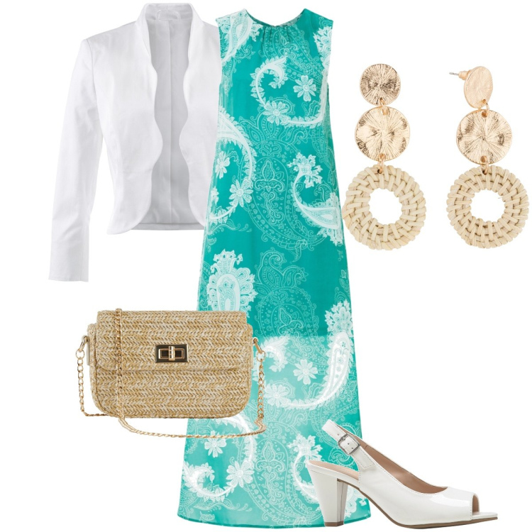 Outfit donna - Cerimonia al mare. Stile Bon Ton per Cerimonia. Abbinamento con orecchini, blazer, vestiti lunghi, borse a mano, décolleté.