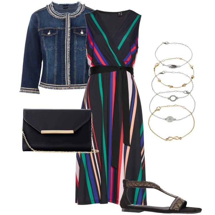 Outfit donna - Sere fresche d’estate. Stile Bon Ton per Serata fuori. Abbinamento con vestiti, blazer, braccialetti con ciondoli, sandali, pochette.