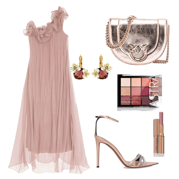 Outfit donna - Accessori color cipria luminosi. Stile Bon Ton per Cerimonia. Abbinamento con orecchini, ombretti, rossetti, borse a tracolla, vestiti lunghi, sandali col tacco.