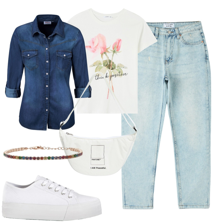 Outfit donna - City. Stile Casual per Tutti i giorni. Abbinamento con camicie, sneakers, marsupi, jeans mom, t-shirt, braccialetti.