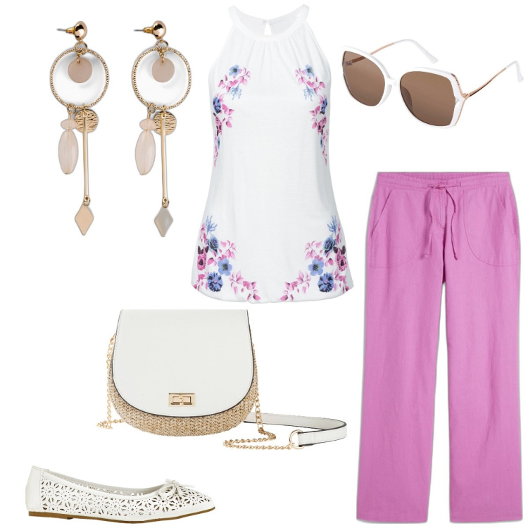 Outfit donna - Total look #1864217. Stile Casual chic per Tutti i giorni. Abbinamento con pantaloni a palazzo, orecchini, borse a tracolla, top, occhiali da sole, ballerine.