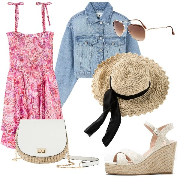 Outfit donna - una bella giornata di sole. Stile Romantica per Mare. Abbinamento con occhiali da sole, cappelli, sandali, borse a tracolla, blazer, vestiti.
