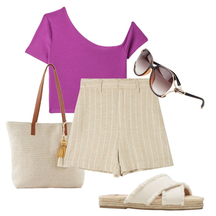 Outfit donna - Gli shorts gessati. Stile Casual chic per Mare. Abbinamento con occhiali da sole, ciabatte, shopping bag, t-shirt, bermuda.