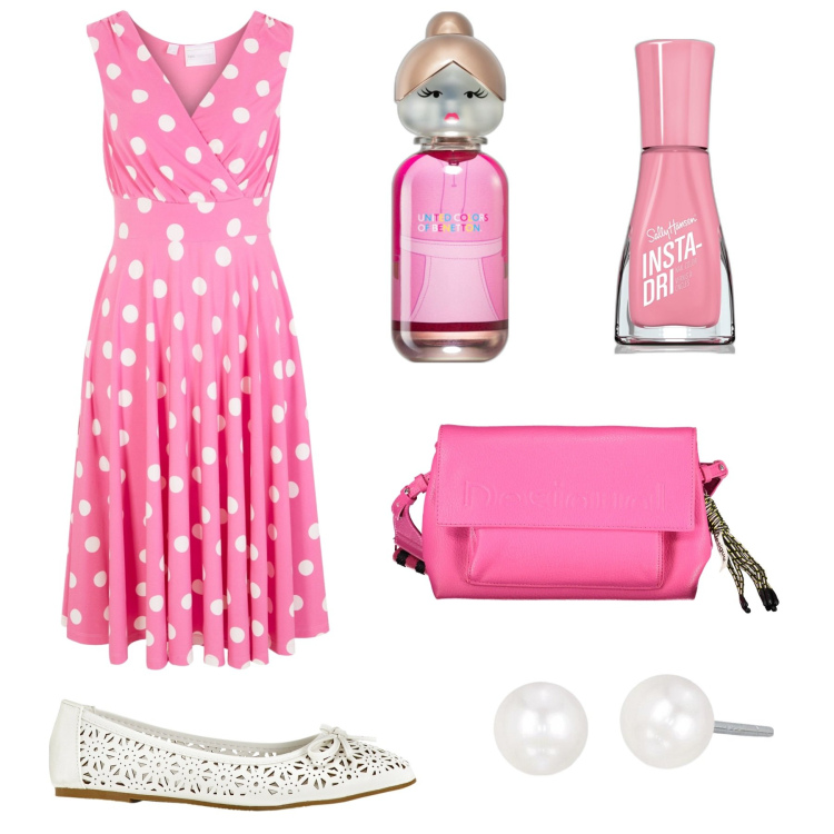 Outfit donna - Pois retrò. Stile Vintage retrò per Serata fuori. Abbinamento con vestiti, ballerine, smalti, profumi, orecchini, borse a spalla.