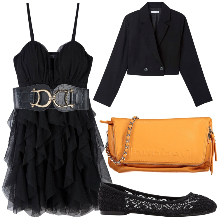 Outfit donna - Uscita con le amiche. Stile Chic per Serata fuori. Abbinamento con ballerine, cinture, vestiti corti, blazer, borse a mano.
