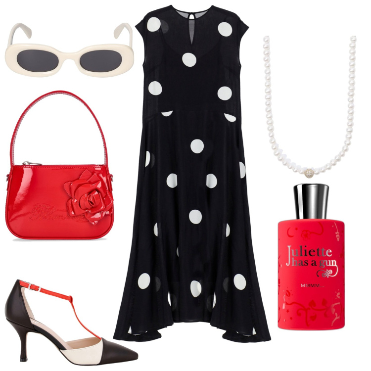 Outfit donna - Oui, c\'est moi!. Stile Chic per Cerimonia. Abbinamento con profumi, collane, vestiti lunghi, sandali in pelle, occhiali da sole, borse a mano.