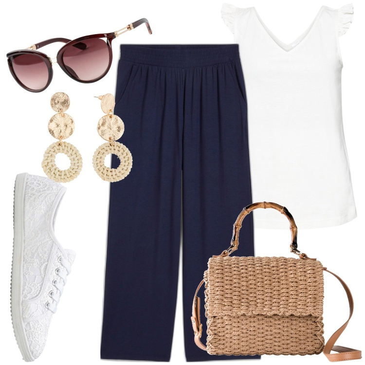 Outfit donna - Sempre chic. Stile Casual chic per Tutti i giorni. Abbinamento con pantaloni, top, sneakers, occhiali da sole, borse a mano, orecchini.