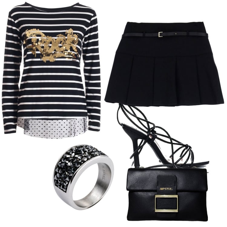 Outfit donna - T-shirt a righe/paillettes/tulle. Stile Trendy per Tutti i giorni. Abbinamento con anelli, t-shirt, sandali alla schiava, minigonne, pochette.