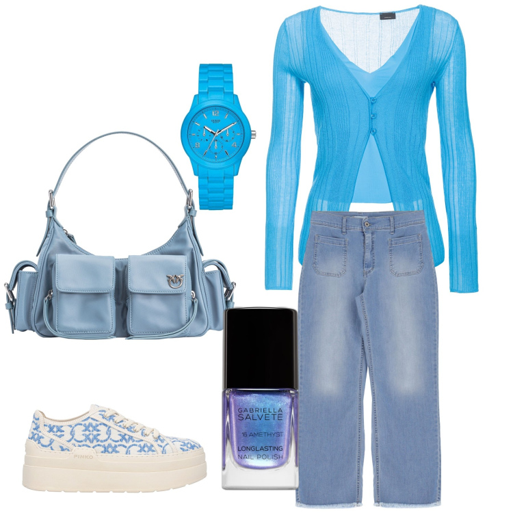 Outfit donna - Varie sfumature di azzurro. Stile Casual chic per Tutti i giorni. Abbinamento con orologi, smalti, cardigans, sneakers, borse a spalla, jeans dritti.