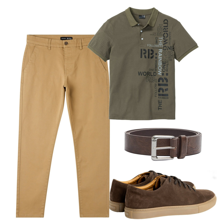 Outfit uomo - City. Stile Urban per Tutti i giorni. Abbinamento con polo, pantaloni skinny, cinture, scarpe sportive.