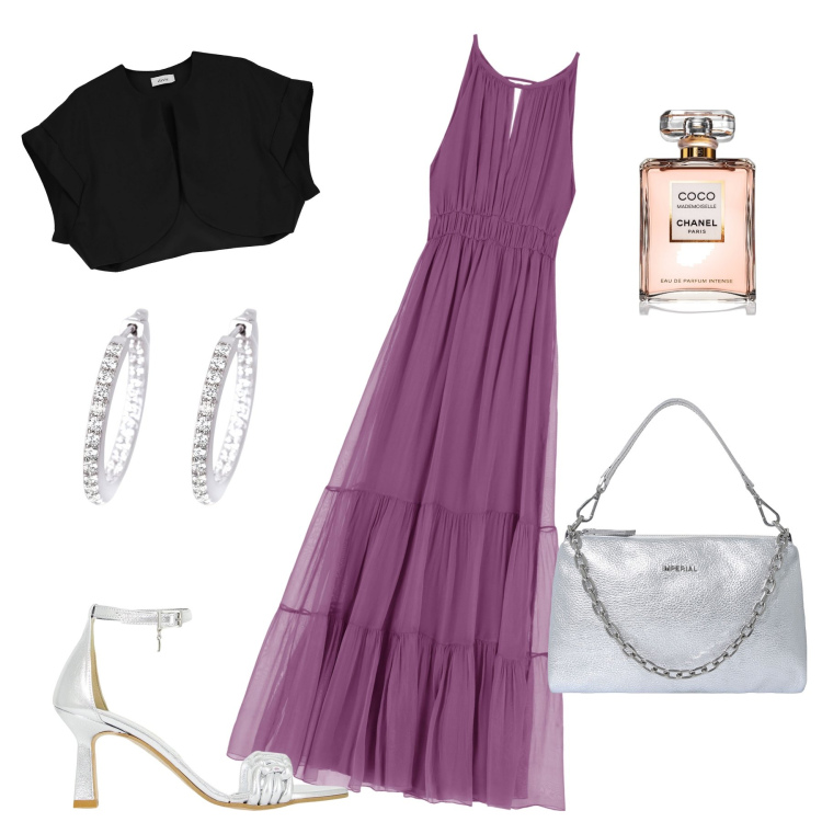 Outfit donna - Abito leggero in seta. Stile Romantica per Cerimonia. Abbinamento con profumi, orecchini, pochette, décolleté, vestiti lunghi, blazer.