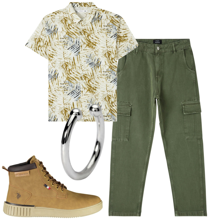 Outfit uomo - City. Stile Urban per Tutti i giorni. Abbinamento con camicie a manica corta, pantaloni cargo, orecchini, stivali.