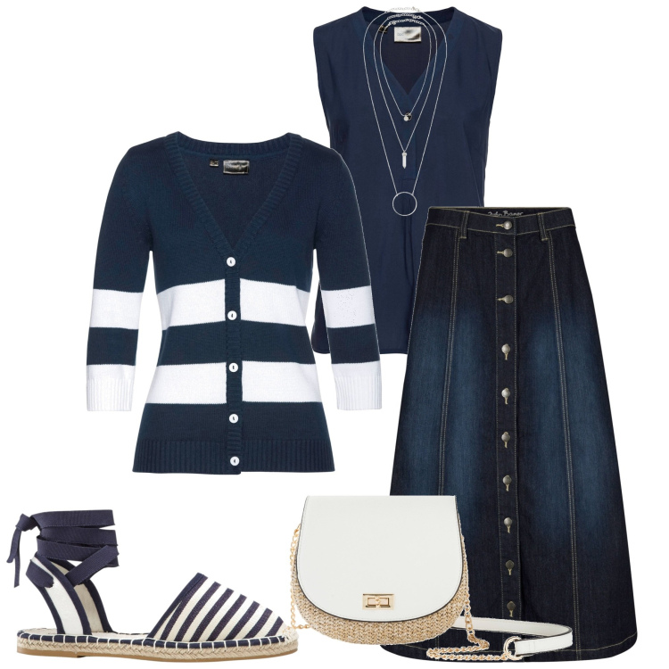 Outfit donna - Serata d\' estate. Stile Casual per Serata fuori. Abbinamento con gonne longuette, cardigans, ciondoli, borse a tracolla, top, espadrillas.