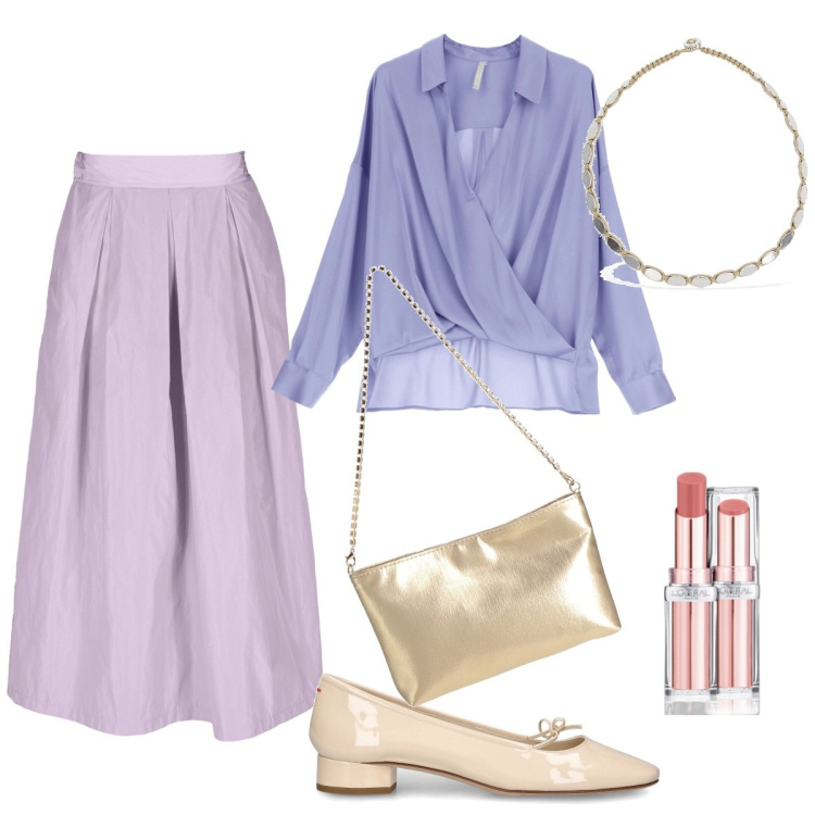 Outfit donna - Total look #1864420. Stile Glamour per Ufficio. Abbinamento con borse a mano, rossetti, camicie, gonne, ballerine, collane.