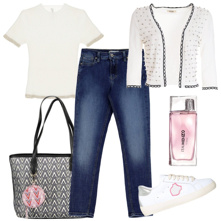 Outfit donna - Total look #1864435. Stile Casual chic per Tutti i giorni. Abbinamento con profumi, jeans skinny, cardigans, sneakers, maglieria, borse a spalla.