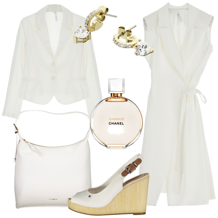 Outfit donna - Total White in ufficio. Stile Bon Ton per Ufficio. Abbinamento con orecchini, profumi, vestiti midi/longuette, blazer, sandali, borse a spalla.