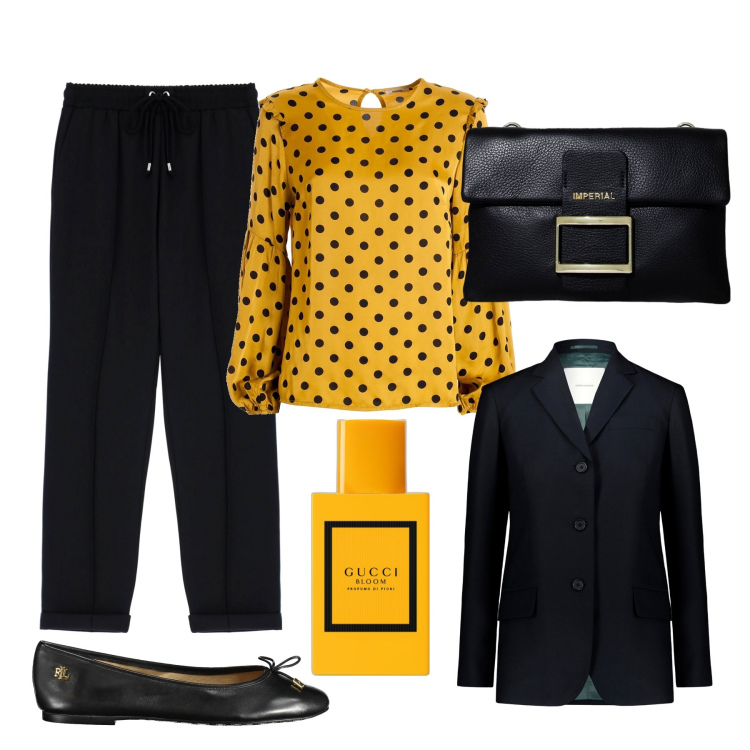 Outfit donna - Total look #1864463. Stile Casual chic per Ufficio. Abbinamento con profumi, bluse, pantaloni, pochette, blazer, ballerine.