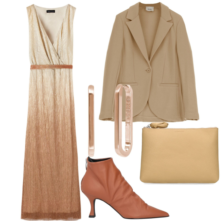 Outfit donna - Total look #1864484. Stile Bon Ton per Cerimonia. Abbinamento con stivaletti, orecchini, blazer, vestiti lunghi, pochette.