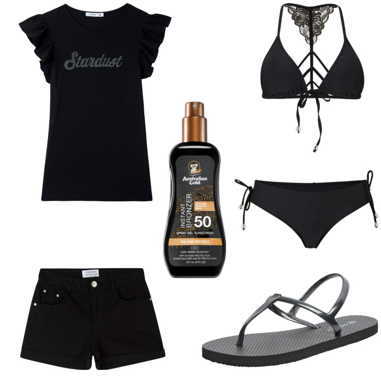 Outfit donna - Primo giorno in spiaggia. Stile Basic per Mare. Abbinamento con bikini, terre, sandali, t-shirt, shorts.