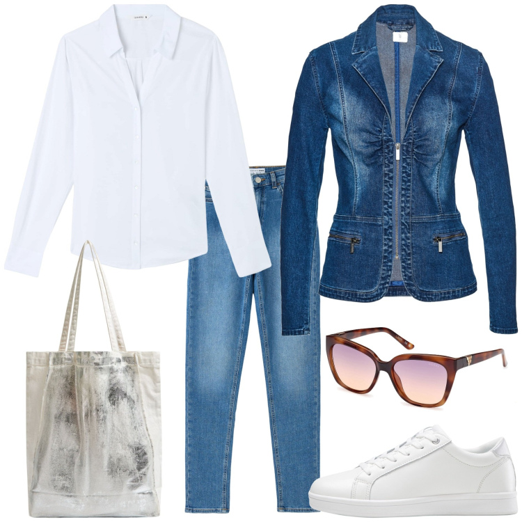 Outfit donna - The indispensable. Stile Basic per Tutti i giorni. Abbinamento con sneakers, blazer, jeans skinny, camicie, shopping bag, occhiali da sole.