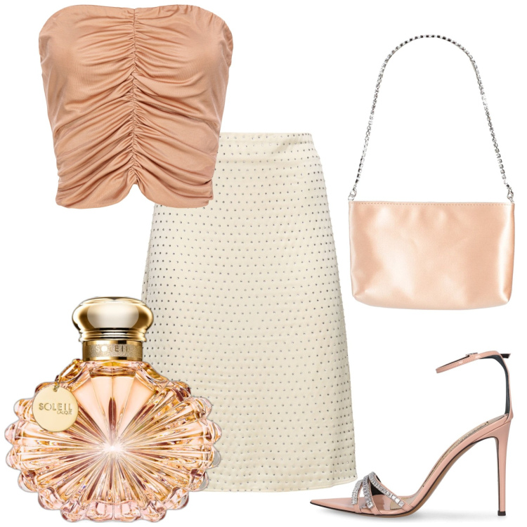 Outfit donna - Dettagli salmone. Stile Glamour per Cerimonia. Abbinamento con borse a mano, profumi, top, gonne, sandali col tacco.