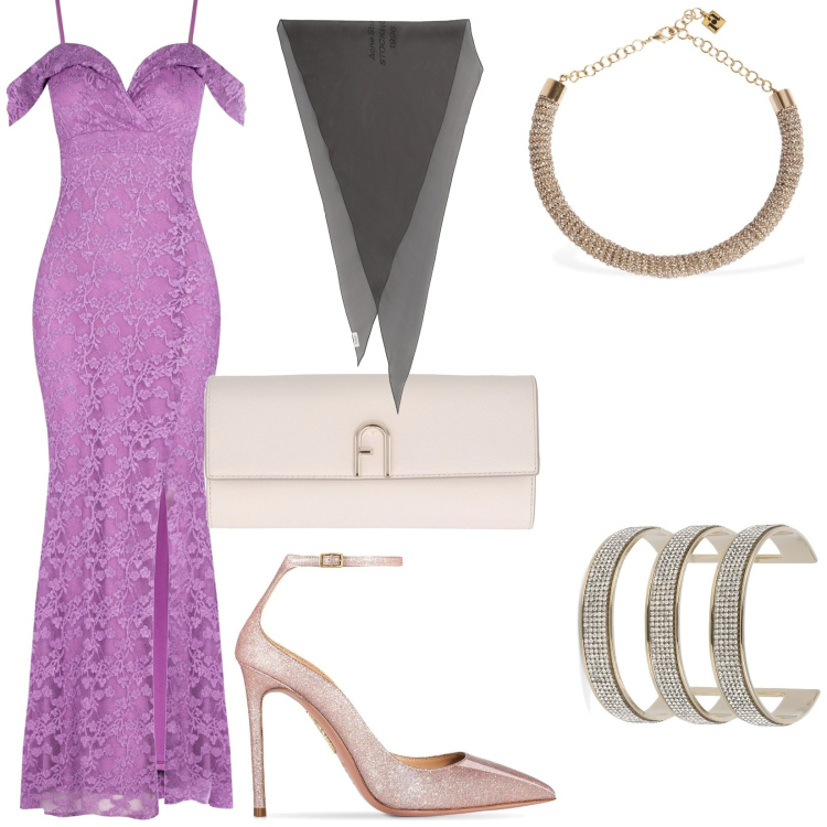 Outfit donna - Matrimonio. Stile Chic per Cerimonia. Abbinamento con vestiti lunghi, décolleté, collane, braccialetti, sciarpe, borse a tracolla.