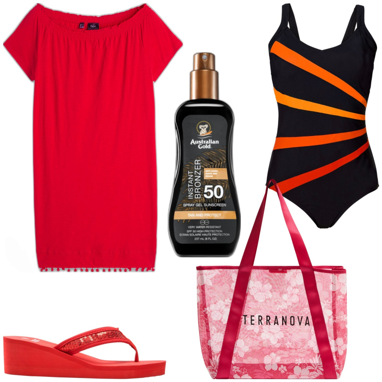 Outfit donna - Pronta per la spiaggia. Stile Basic per Mare. Abbinamento con vestiti, costumi interi, infradito, terre, shopping bag.