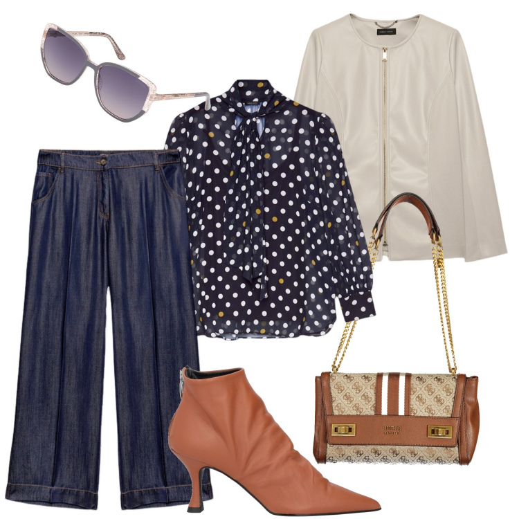Outfit donna - La camicia a pois. Stile Trendy per Ufficio. Abbinamento con stivaletti, jeans dritti, bluse, borse a spalla, blazer, occhiali da sole.