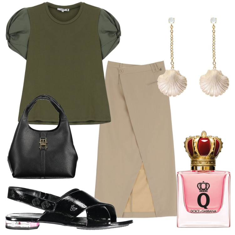 Outfit donna - Primi caldi. Stile Basic per Tutti i giorni. Abbinamento con profumi, t-shirt, gonne lunghe, orecchini, sandali col tacco, borse a tracolla.