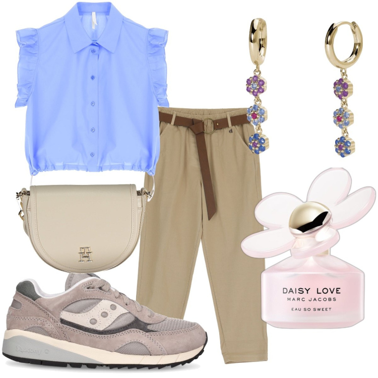 Outfit donna - La camicetta azzurra. Stile Casual per Tutti i giorni. Abbinamento con profumi, orecchini, camicie a manica corta, pantaloni, borse a tracolla, sneakers.