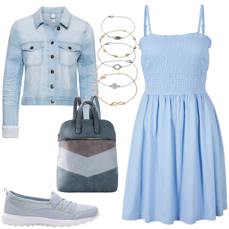 Outfit donna - Estate in azzurro. Stile Romantica per Tutti i giorni. Abbinamento con sneakers, braccialetti con ciondoli, vestiti, blazer, zaini.