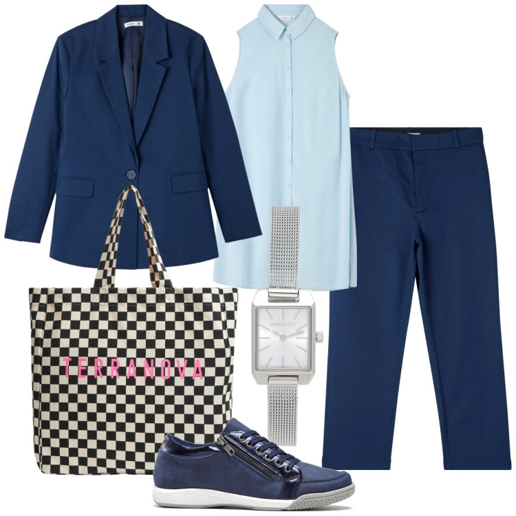 Outfit donna - Ufficio. Stile Mannish per Ufficio. Abbinamento con sneakers alte, orologi, pantaloni chino, camicie, blazer, shopping bag.